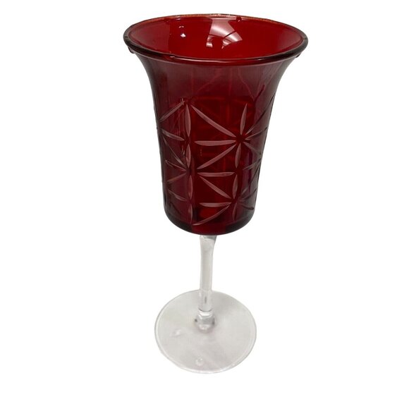 Candle Holder Red Cut Clear Glass Votive Star Starburst Stem Home Decor Holiday - Picture 4 of 7